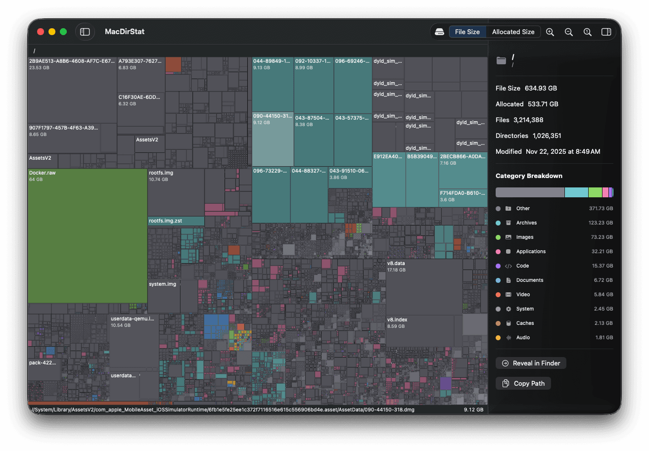 DiskPal showing an interactive treemap and a category breakdown for a scanned Mac disk